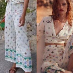 Zara Cream Linen Floral Embroidered Print Pants Crop Top Set | Size S